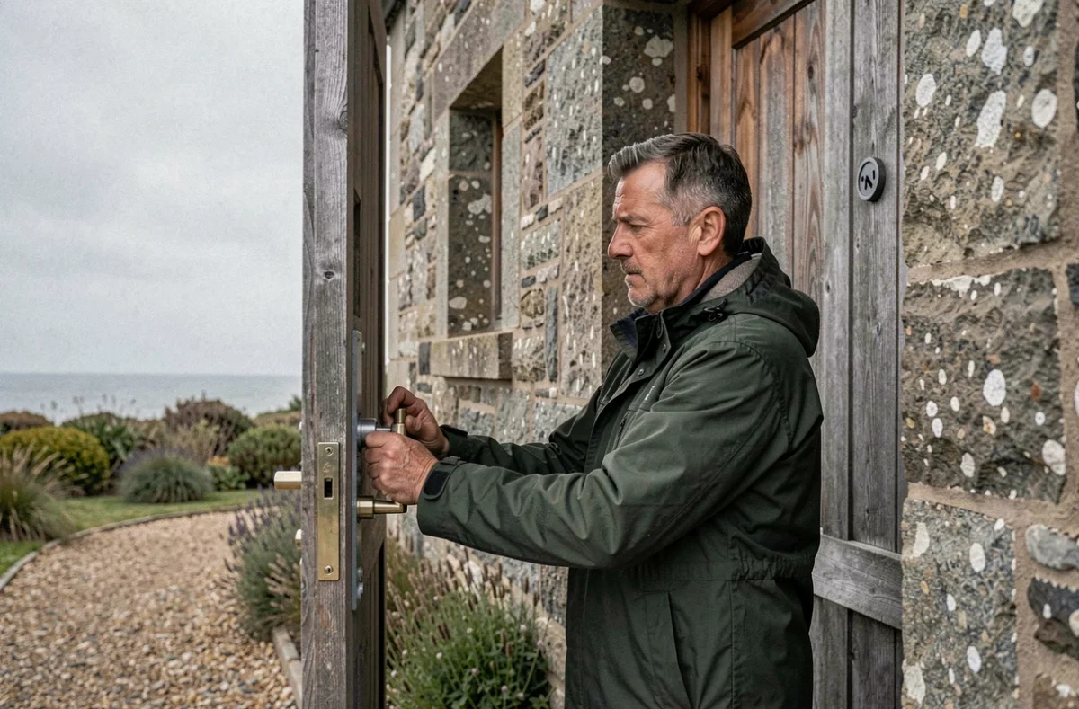 Serrurier Aber Sécurité posant un système de verrouillage multipoints sur la porte d'une maison en pierre bretonne près de la côte