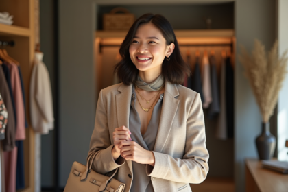Femme élégante ajustant ses bijoux dans une boutique lumineuse