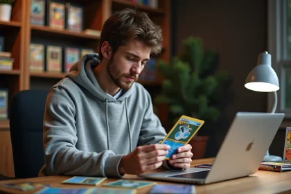 Jeune homme examinant une carte Pokémon holographique achetée sur un site en ligne spécialisé