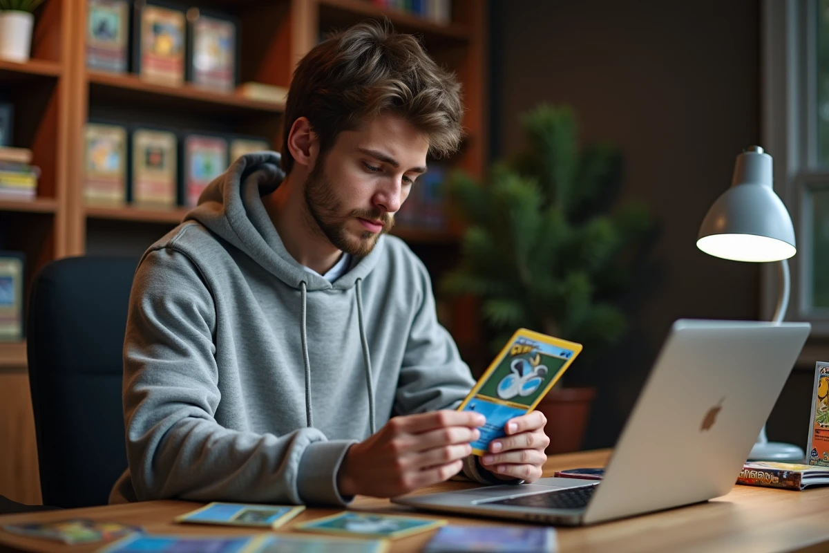 Jeune homme examinant une carte Pokémon holographique achetée sur un site en ligne spécialisé