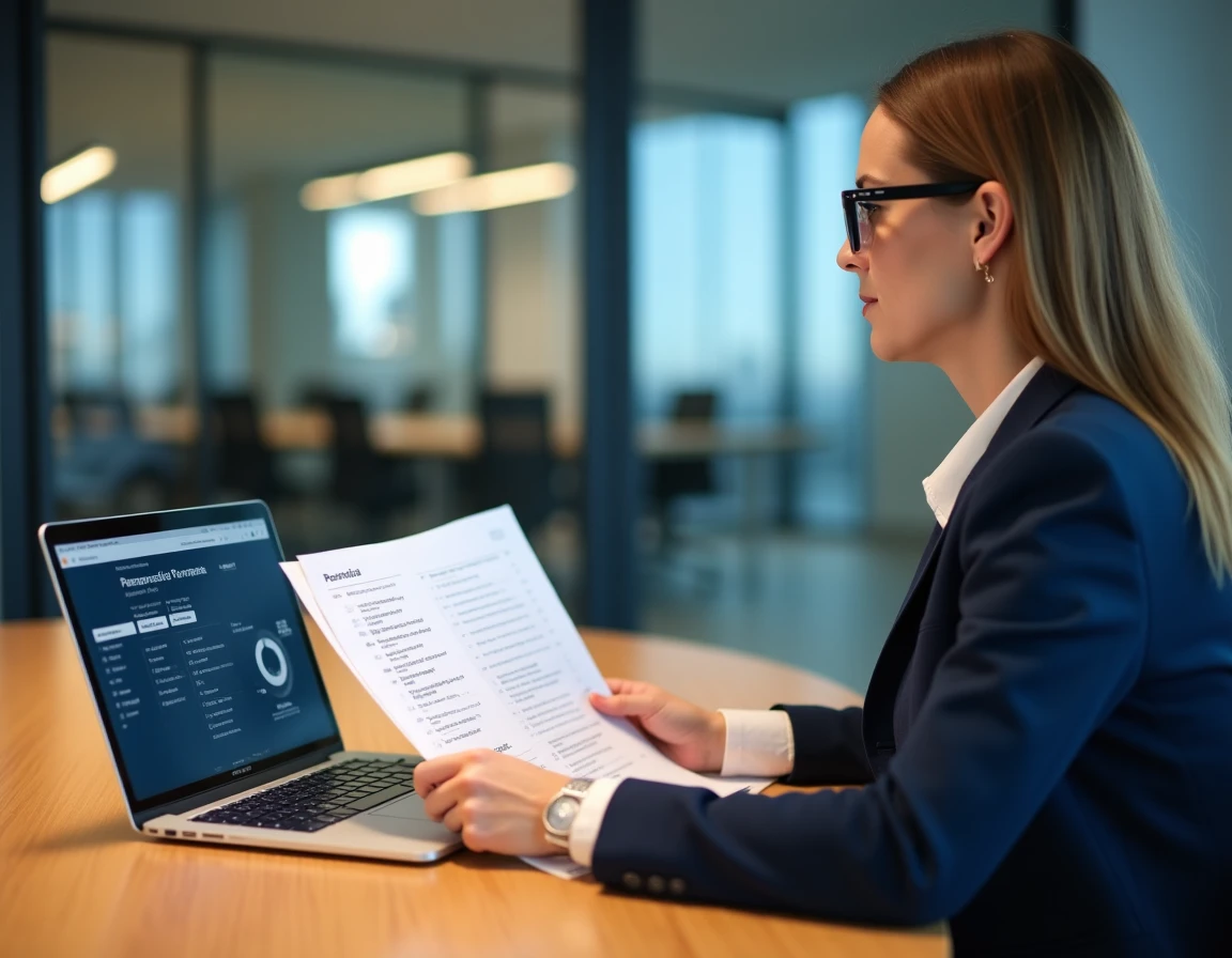 Acheteuse professionnelle analysant des documents de sélection de prestataires ferroviaires en salle de réunion d'entreprise
