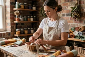 Femme adulte tissant un panier avec des chutes de tissu recyclé dans un atelier artisanal zéro déchet