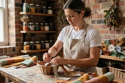 Femme adulte tissant un panier avec des chutes de tissu recyclé dans un atelier artisanal zéro déchet