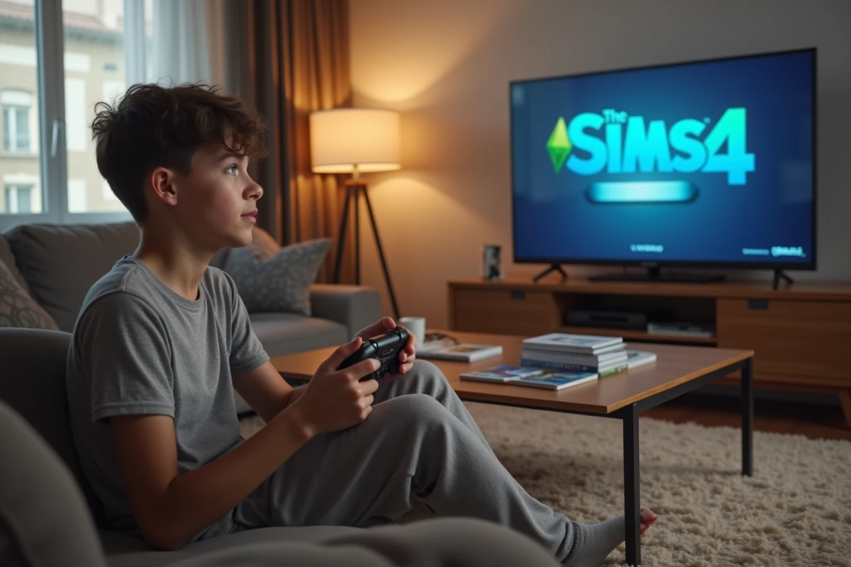 Adolescent joue avec son ami devant la télé dans le salon