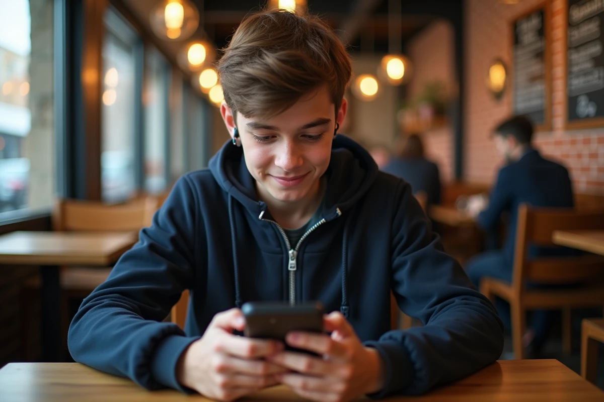 Adolescent lisant un scan de One Punch Man sur smartphone dans un café urbain avec des écouteurs