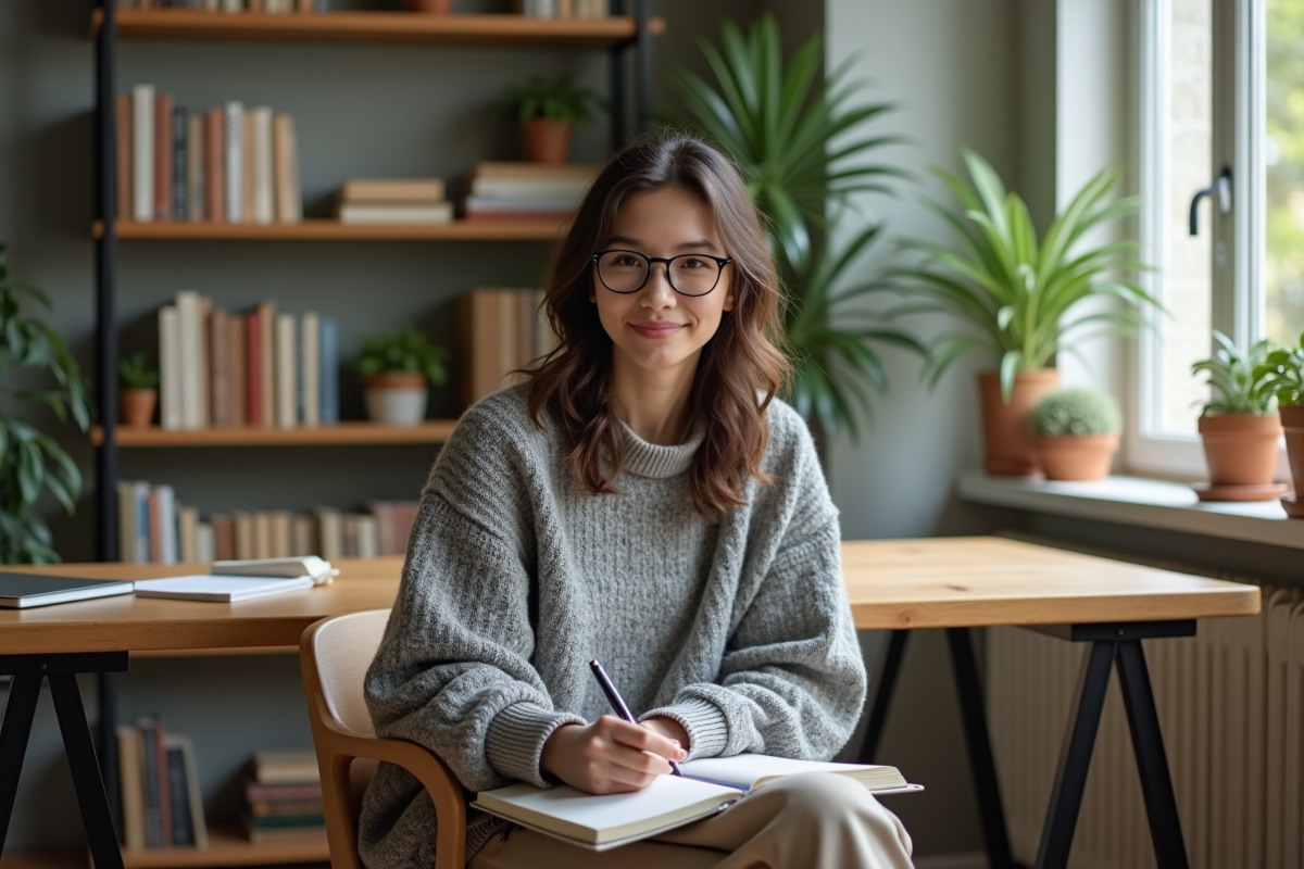 Adult nonbinaire écrivant dans un carnet dans un espace de travail