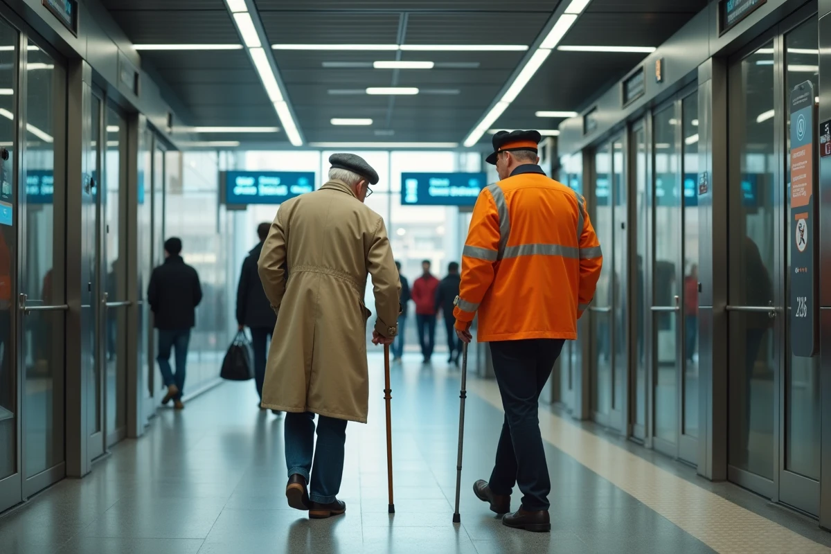 Agent de gare RER aidant un homme âgé avec canne à accéder à un ascenseur pour personnes à mobilité réduite