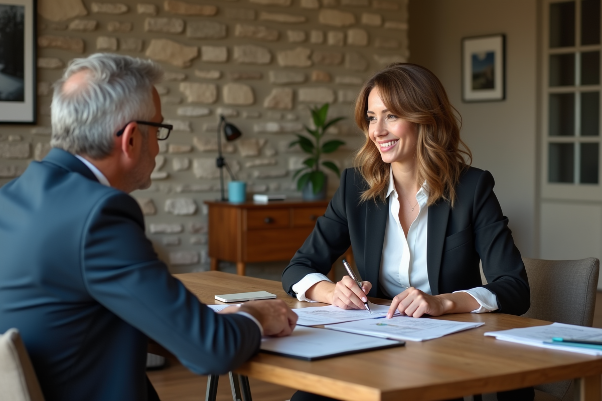 Agent immobilier présentant des documents à un client dans un salon accueillant