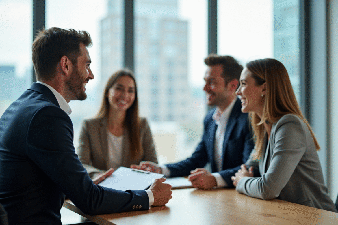 Agent immobilier professionnel accueillant un couple dans un bureau moderne