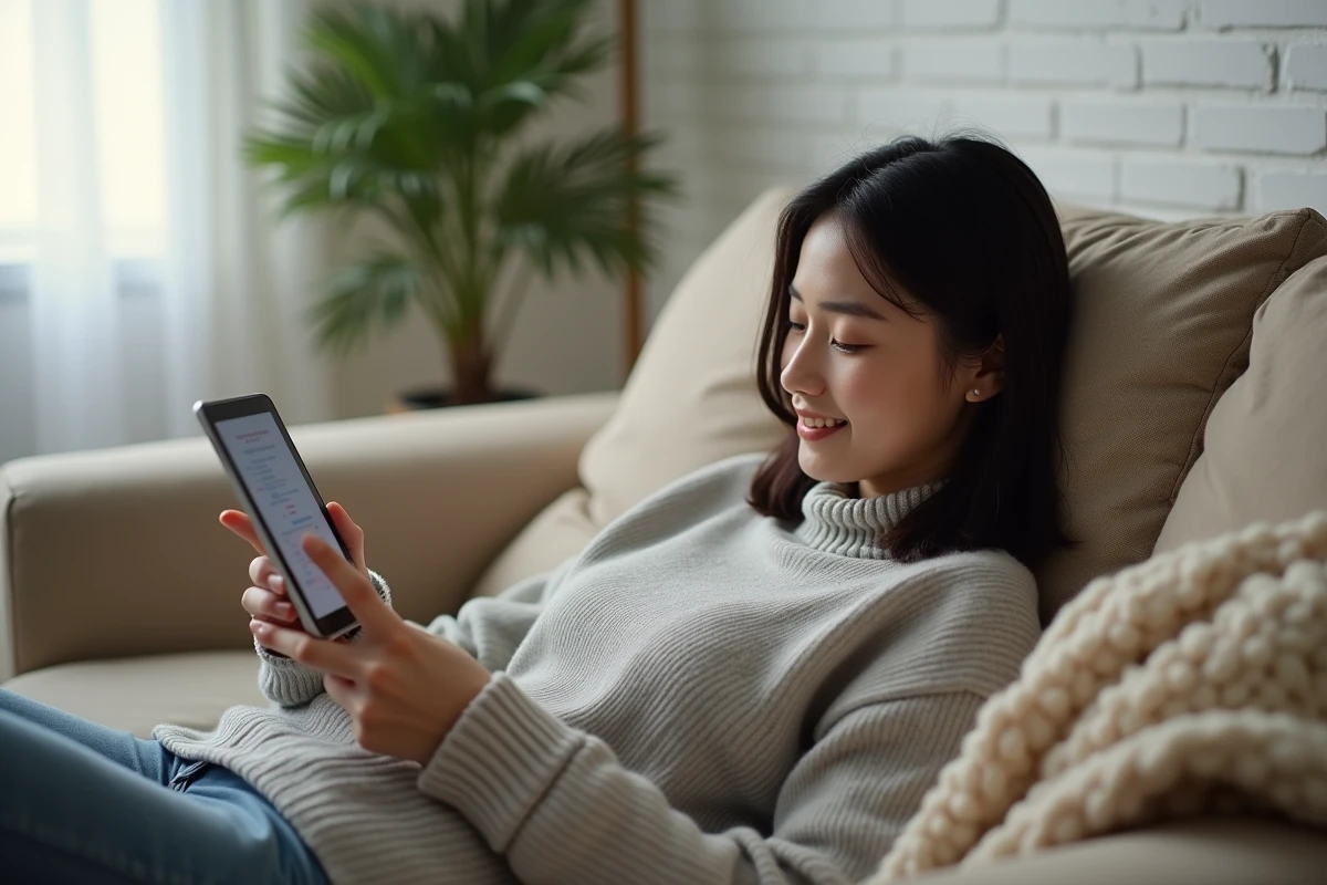 Jeune femme utilisant une tablette pour lire des scans manga sur un site alternatif, allongée sur un canapé dans un salon cosy