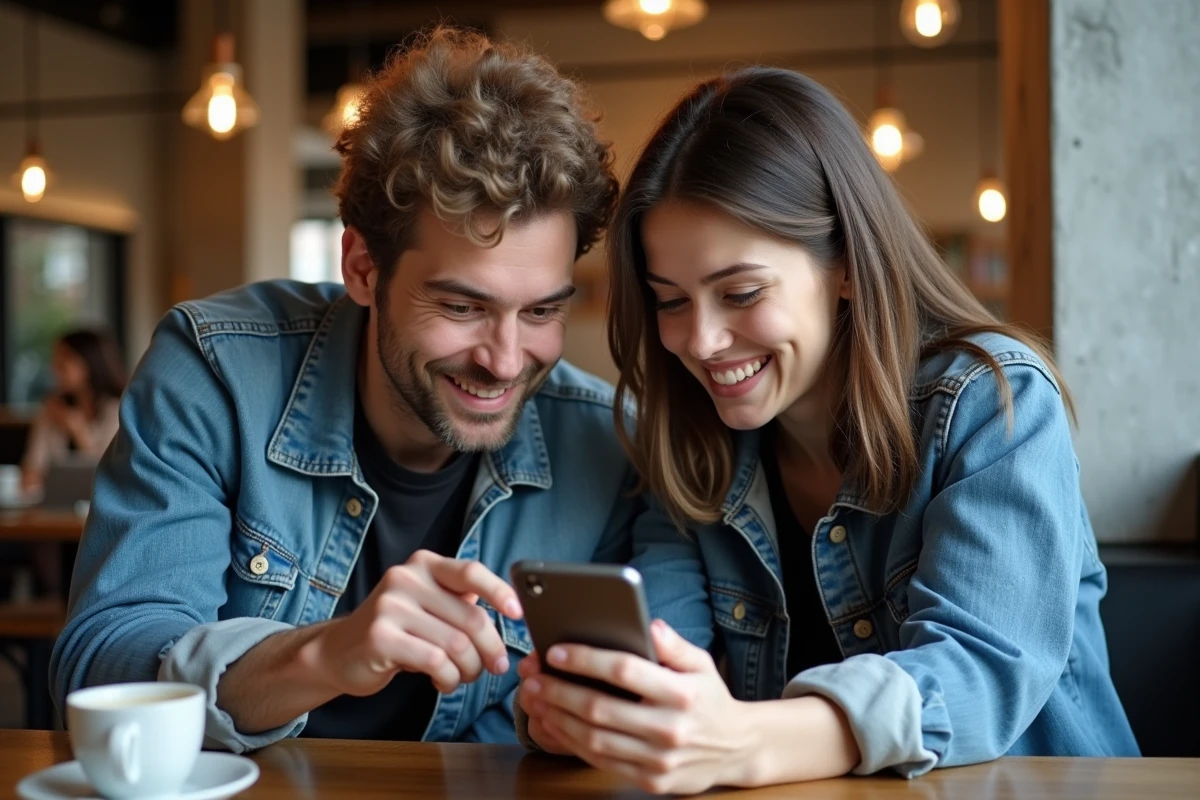 Deux amis dans un café regardant ensemble un site de lecture de scans manga en alternative à Phoenix Scans sur un smartphone