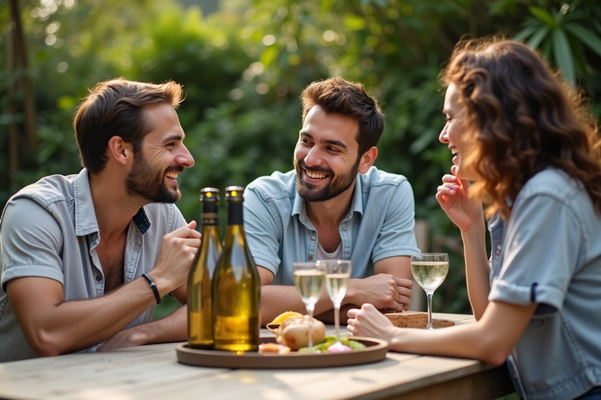 Trois amis dégustent des cocktails au prosecco dans un jardin