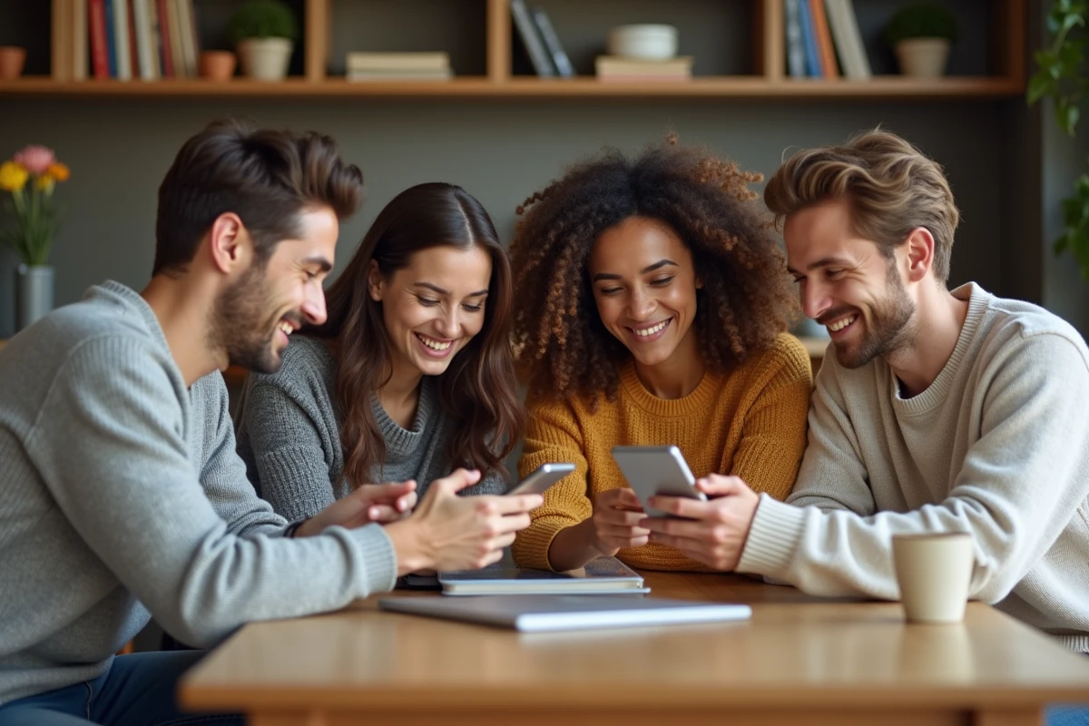 Quatre amis discutent autour d'une table à manger