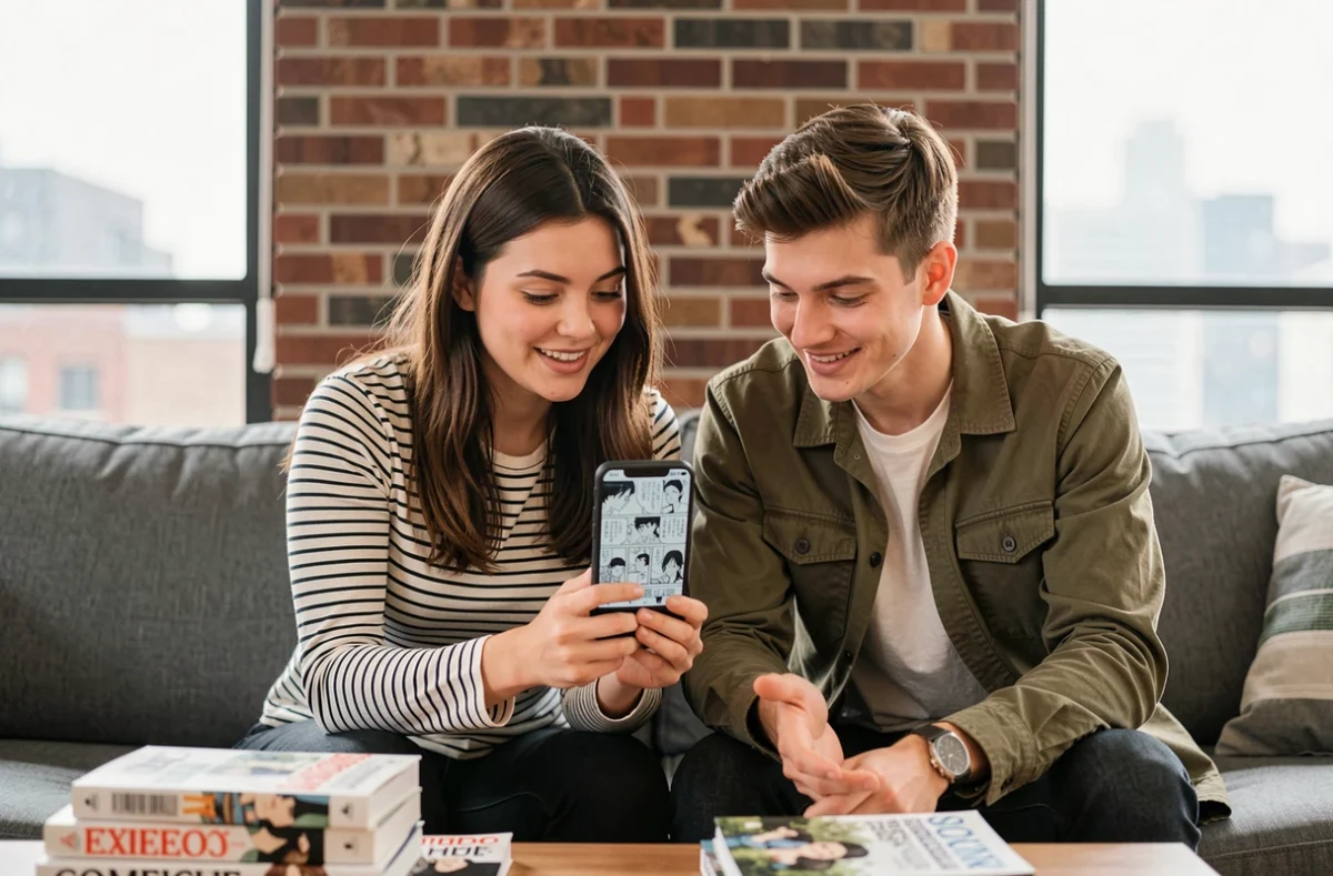 Deux amis lisant ensemble un scan manga Just Friend sur smartphone dans un appartement moderne