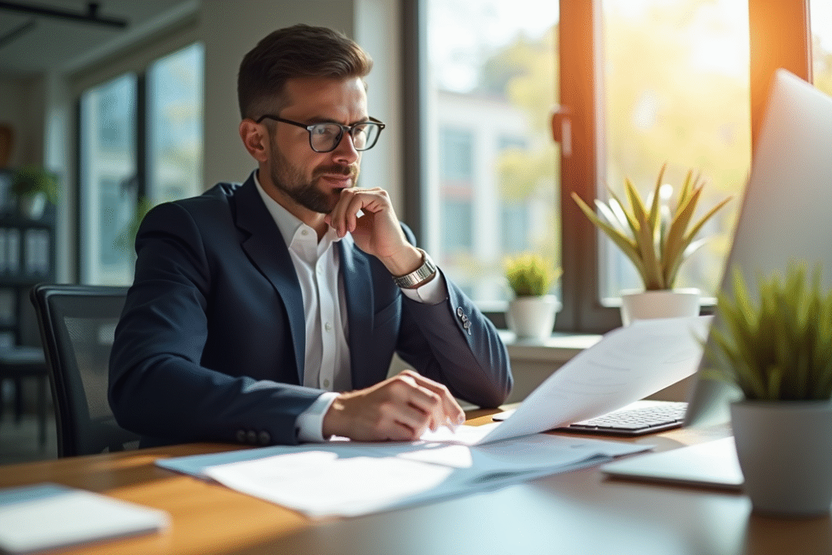 Professionnel en tenue formelle analysant un document juridique