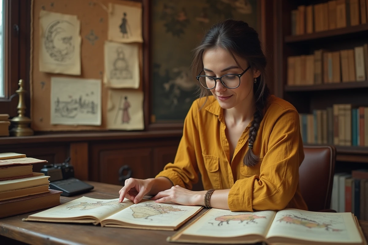 Historienne analysant des livres et illustrations sur le personnage de Jasmine et les sources culturelles du conte d'Aladin