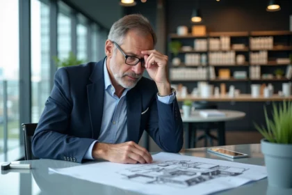 Architecte homme en revue de plans de maisons modernes