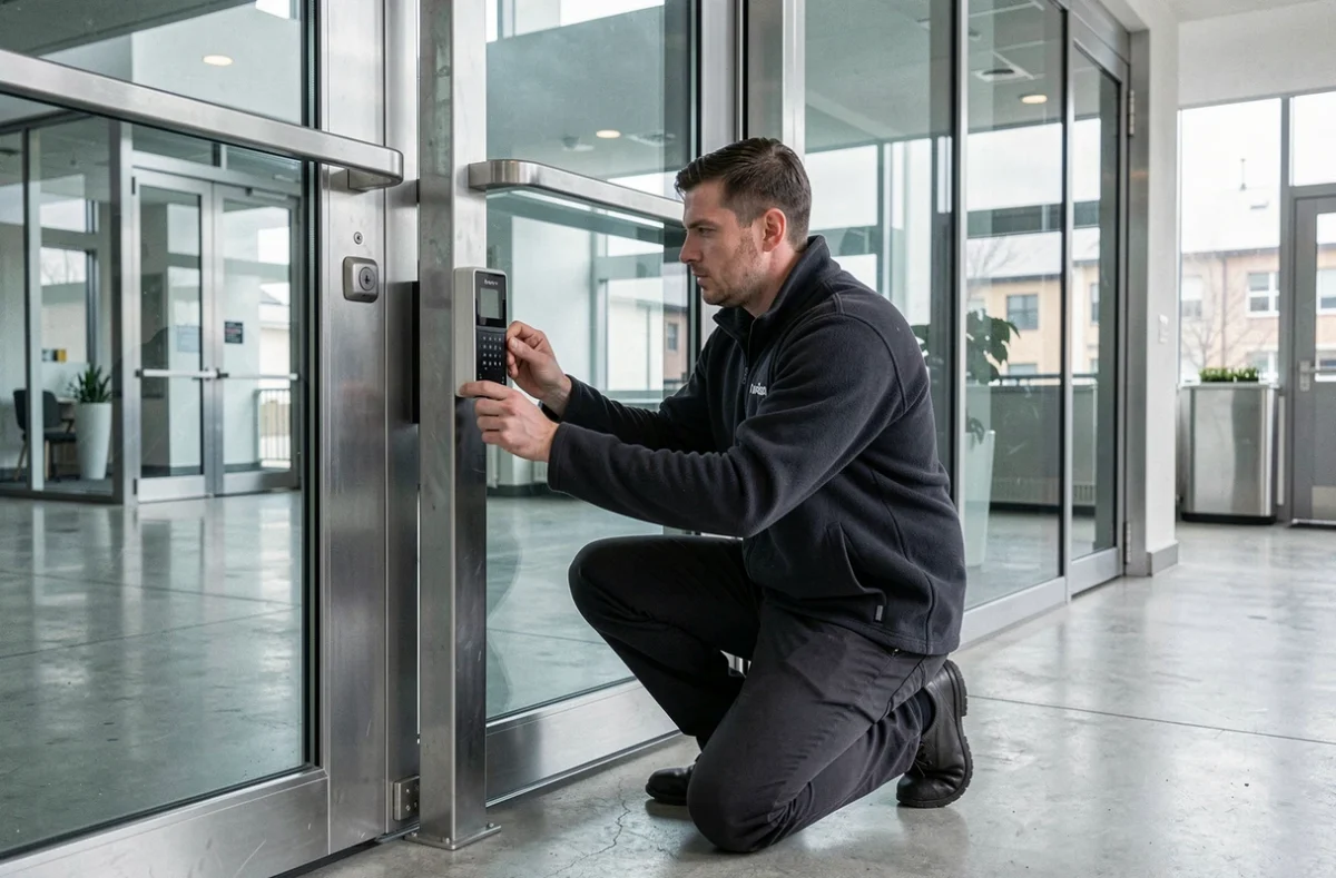 Spécialiste de sécurité ARCOM installant un contrôle d'accès électronique sur une porte renforcée dans un bâtiment commercial