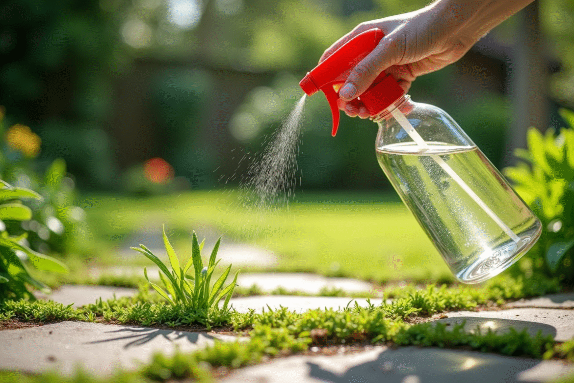 Personne arrosant mauvaises herbes avec spray naturel dans le jardin