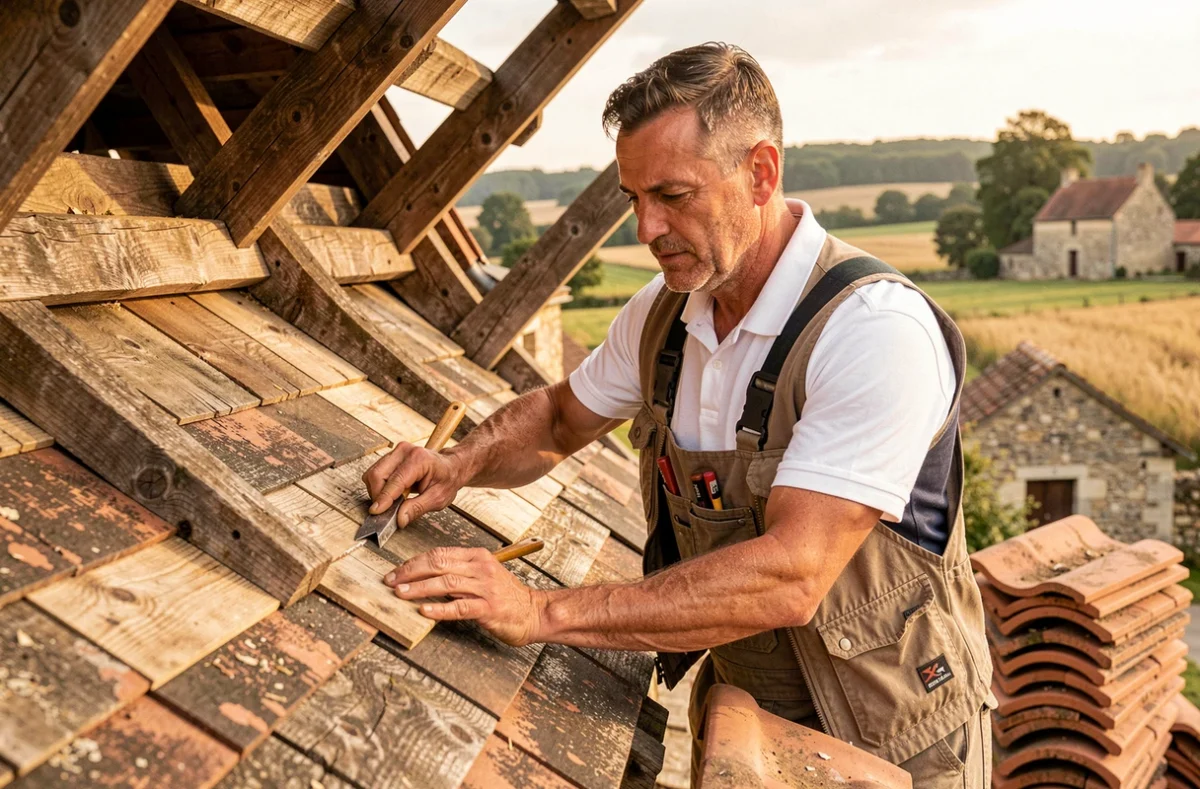 Artisan couvreur L'Art'Isan Français restaurant une toiture en bois traditionnel sur une ferme du patrimoine charentais