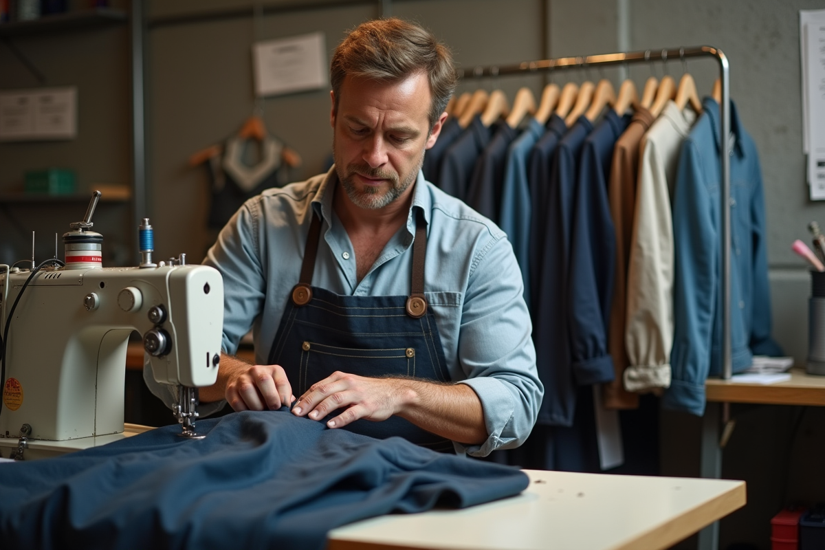Couturier expérimenté assemblant une veste à la machine à coudre