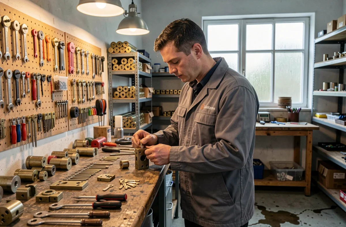 Serrurier de l'Atelier du Serrurier travaillant sur des mécanismes de serrures dans un atelier artisanal bien organisé
