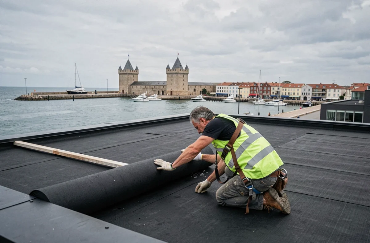 Technicien d'Atlantique Couverture sécurisant une toiture plate sur un bâtiment commercial face au vieux port de La Rochelle