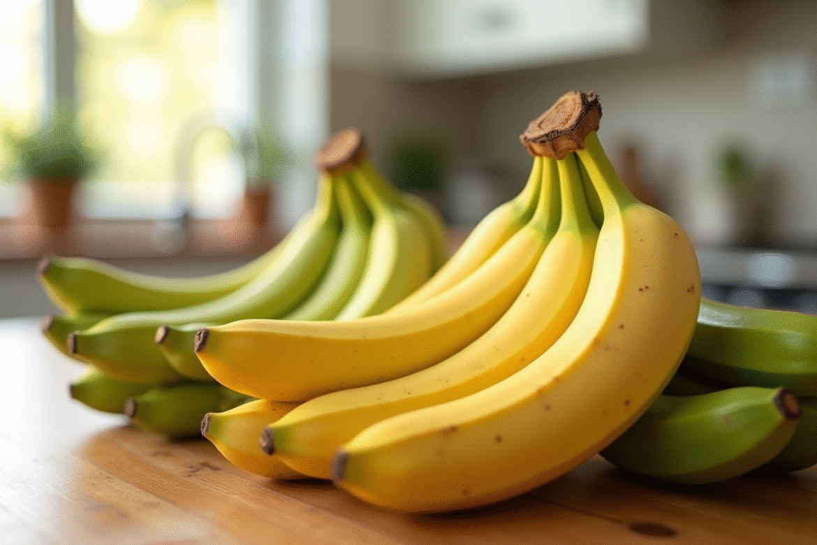 Bananas jaunes et vertes sur plan de travail en cuisine