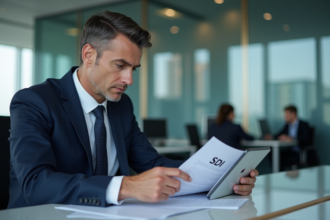 Homme d'affaires en costume bleu dans une banque moderne