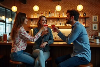 Groupe d'amis qui lèvent des cocktails dans un bar tendance de Strasbourg avec une ambiance chaleureuse et conviviale