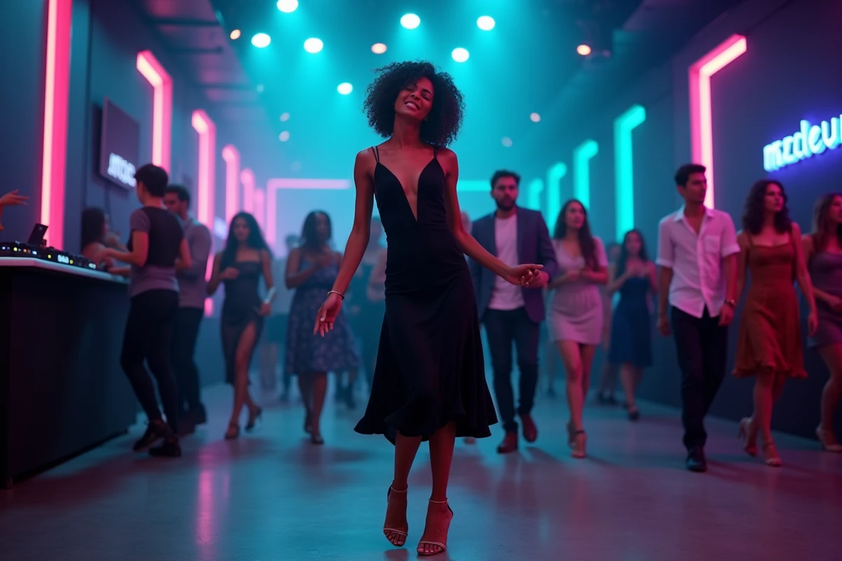 Femme qui danse avec joie sur la piste d'un bar dansant moderne à Strasbourg avec une ambiance de nuit urbaine