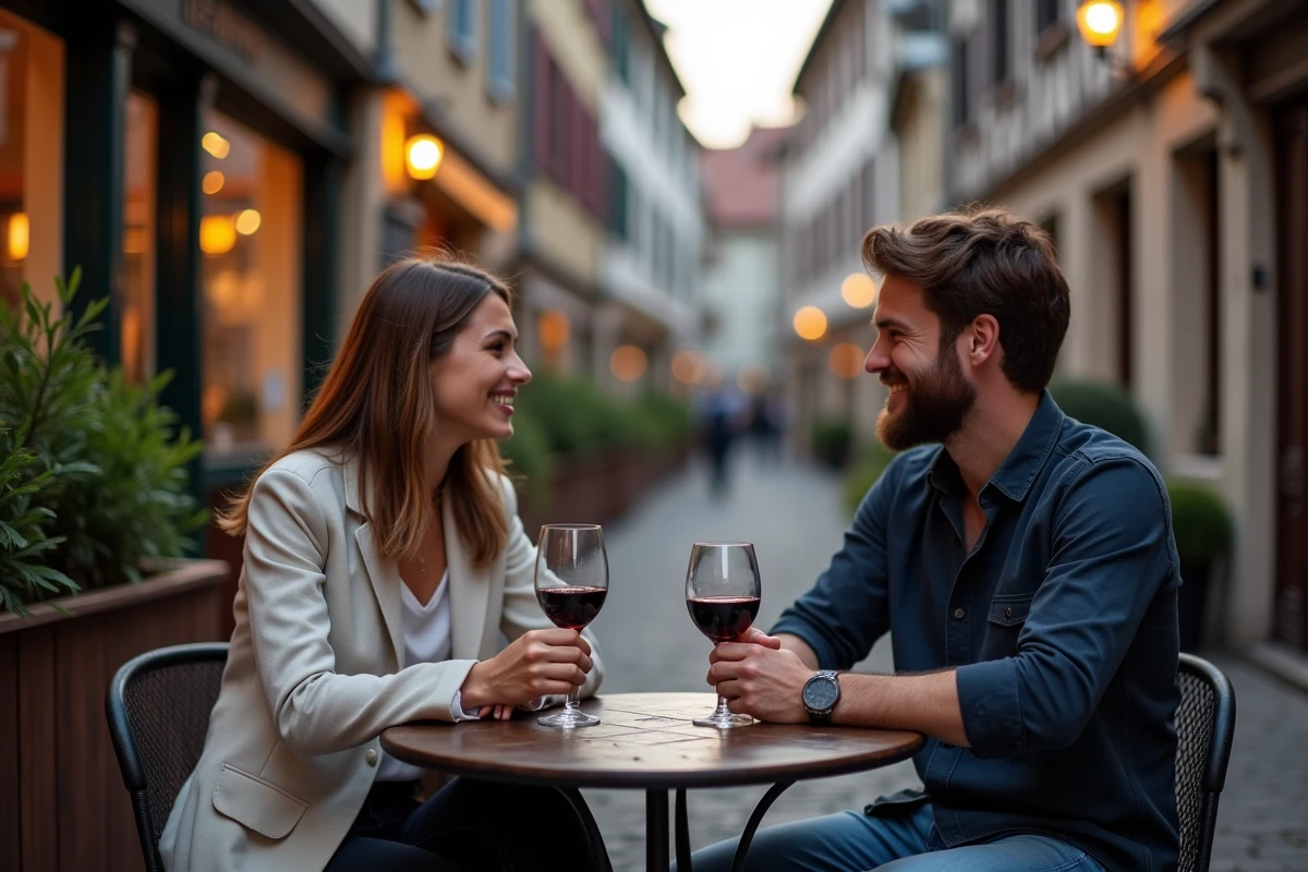 Couple attablé en terrasse d'un bar à l'ambiance alsacienne à Strasbourg lors d'une soirée détendue en plein air