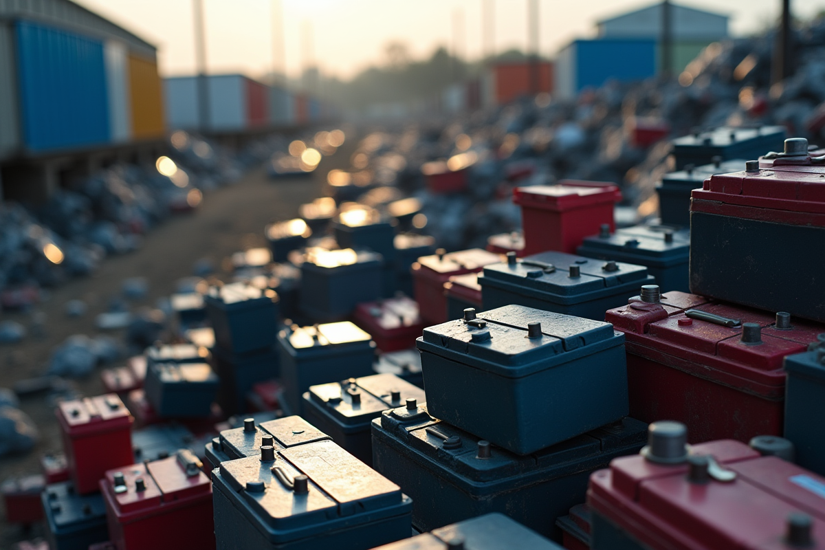 Batteries de voiture usagées empilees dans un centre de recyclage