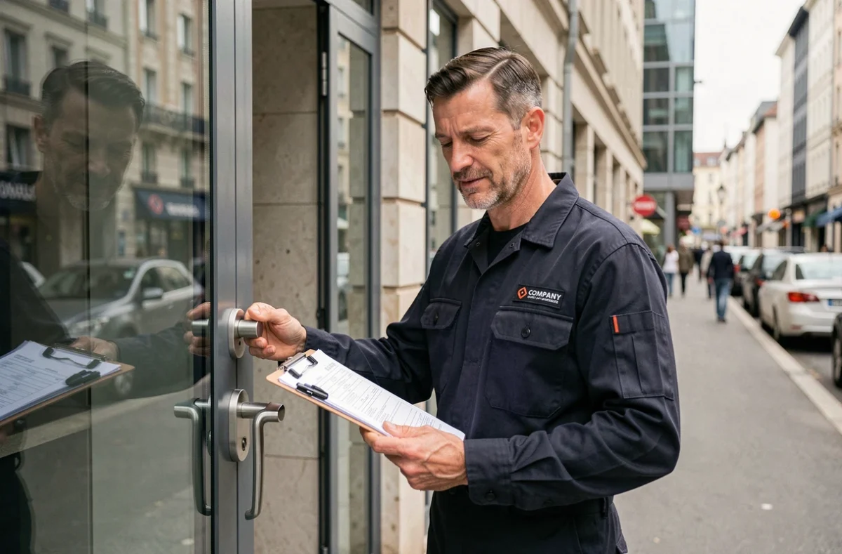 Technicien de BH Entreprise à Nancy devant un immeuble commercial pour une intervention sur serrure