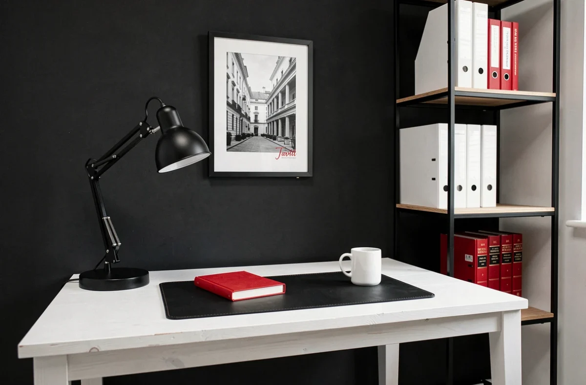 Bureau à domicile minimaliste avec une décoration tricolore rouge blanc noir sobre et moderne