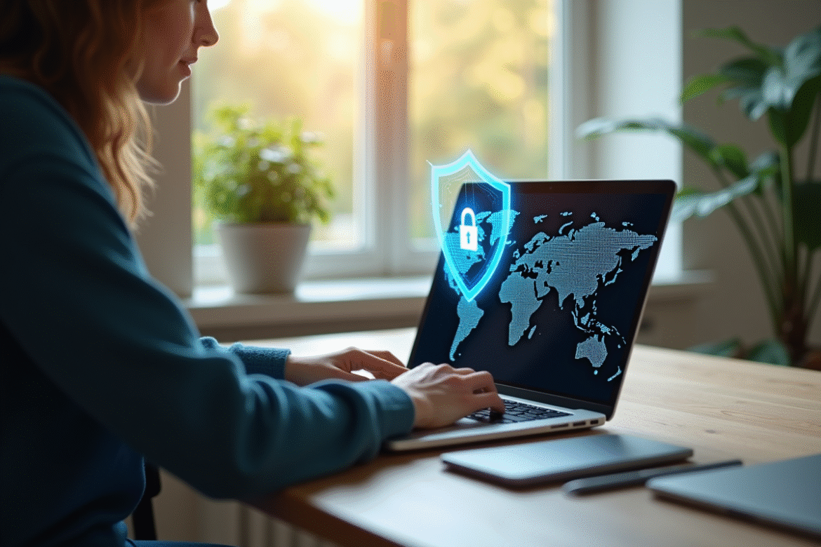 Personne travaillant sur un ordinateur dans un bureau moderne avec symbole VPN