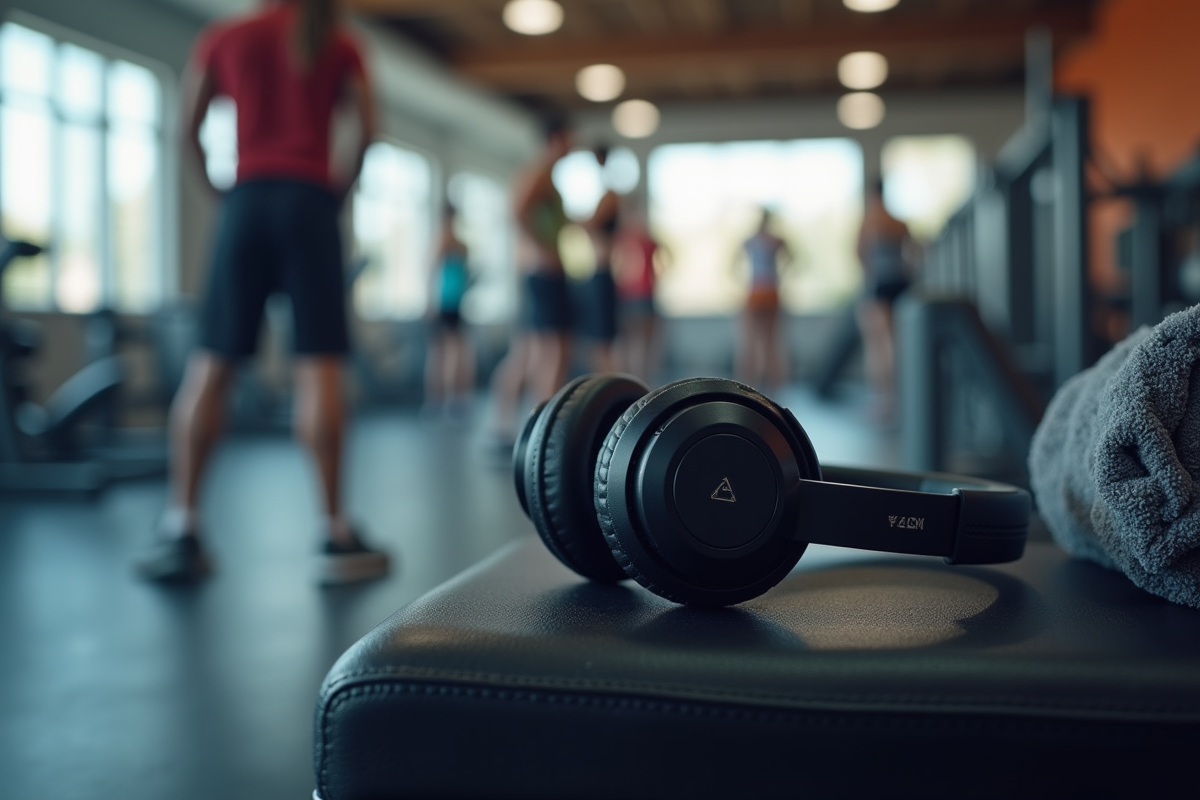 Casque sans fil posé sur un banc de gym avec bouteille d