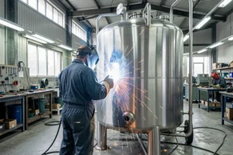 Chaudronnier soudant une cuve en inox dans un atelier