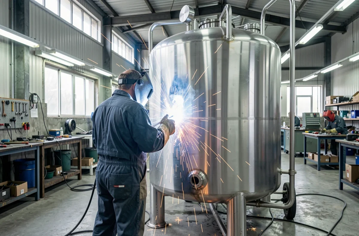 Chaudronnier soudant une cuve en inox dans un atelier