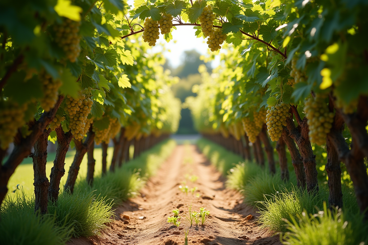 Chemin ensoleille dans un jardin avec des vignes chargées de raisins