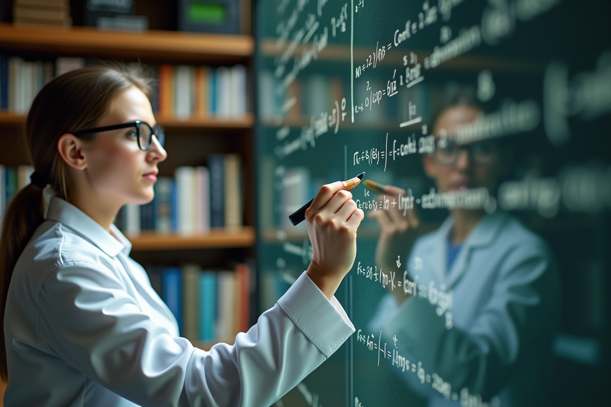 Chercheur écrivant des équations mathématiques sur un tableau blanc