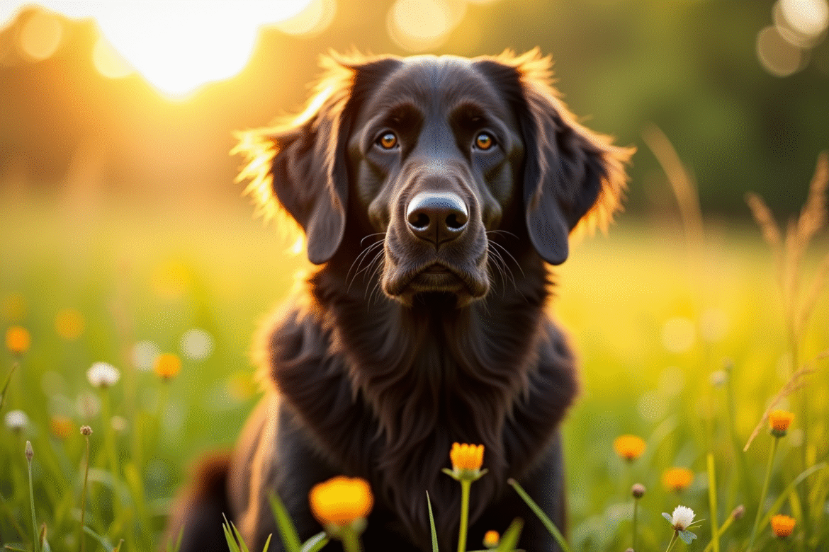 Chien golden retriever noir dans une prairie ensoleillee