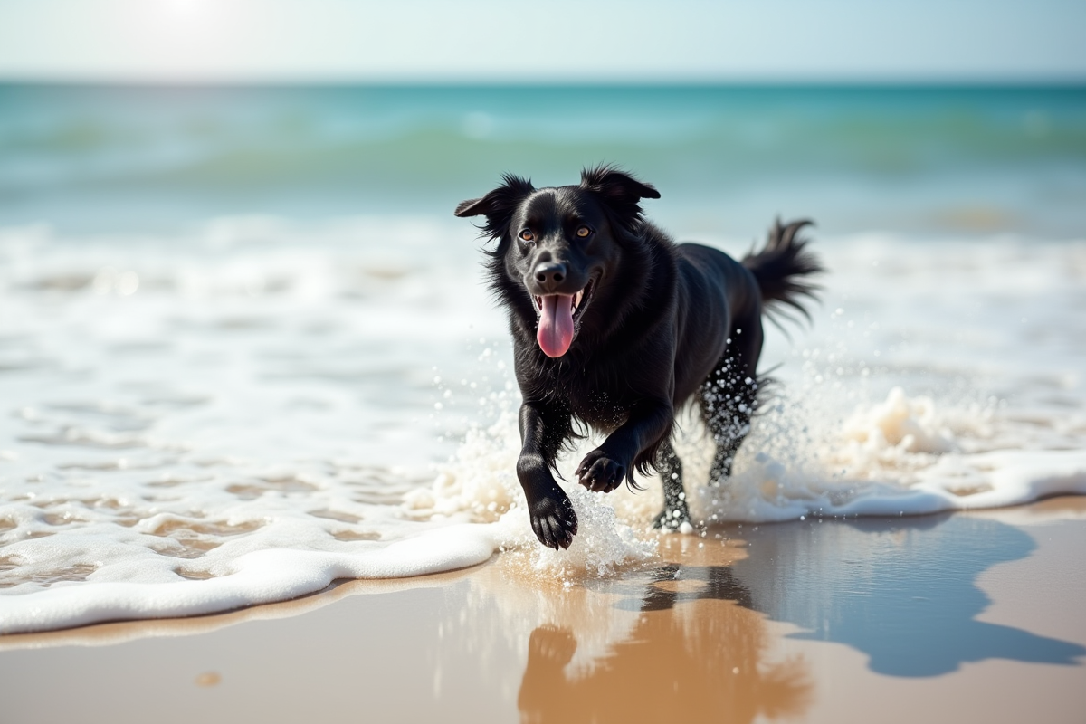 Golden retriever noir courant sur la plage ensoleillee