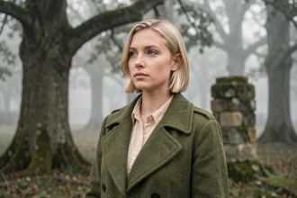 Jeune femme blonde en manteau militaire vert contemplant une forêt brumeuse, évoquant le personnage de Christa dans L'Attaque des Titans