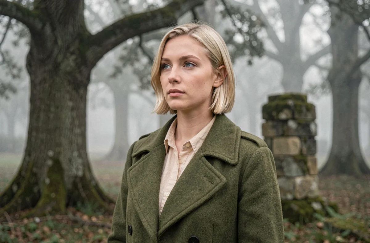 Jeune femme blonde en manteau militaire vert contemplant une forêt brumeuse, évoquant le personnage de Christa dans L'Attaque des Titans