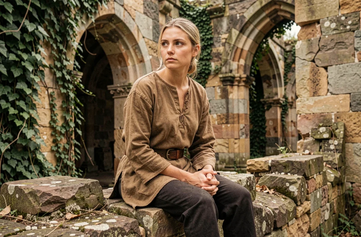 Femme blonde assise sur des ruines de pierre dans une forteresse abandonnée, symbolisant le rôle secret de Christa dans le plan d'Eren