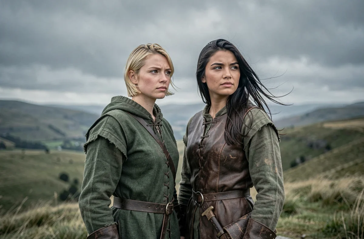Deux jeunes femmes en tenue médiévale sur une colline venteuse, illustrant la relation entre Christa et Ymir dans L'Attaque des Titans