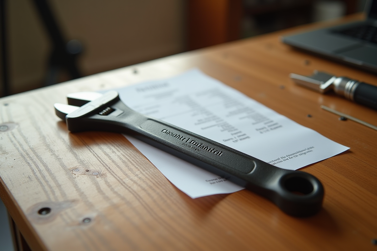 Clé ajustable neuve sur plan de travail en bois avec reçu