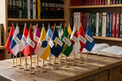Collection de petits drapeaux nationaux alignés sur un bureau en bois avec étiquettes en anglais pour apprendre leur nom