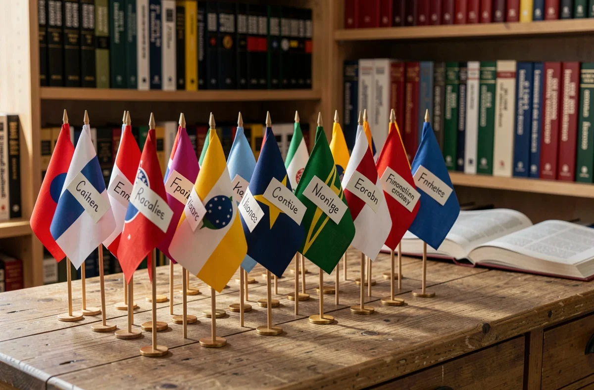 Collection de petits drapeaux nationaux alignés sur un bureau en bois avec étiquettes en anglais pour apprendre leur nom